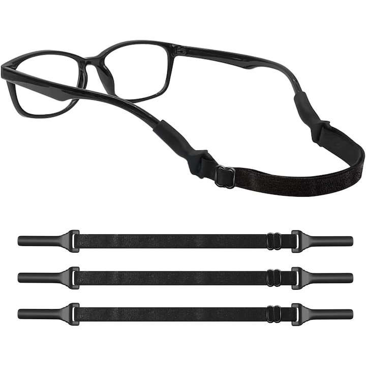 Curele ajustabile pentru ochelari Kengege® - set de 3, design anti-cadere, negru, 10-16 inch