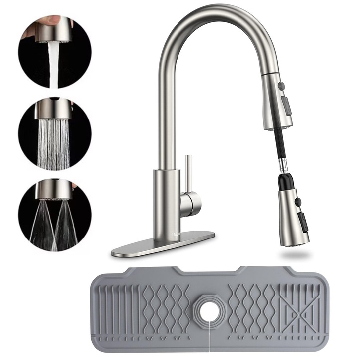 Baterie chiuveta bucatarie GABOS, rotativ 360, cap dus extractabil, 3 moduri flux continuu / pulverizare / pauza, set complet instalare, include covoras protectie chiuveta, inox, argintiu mat