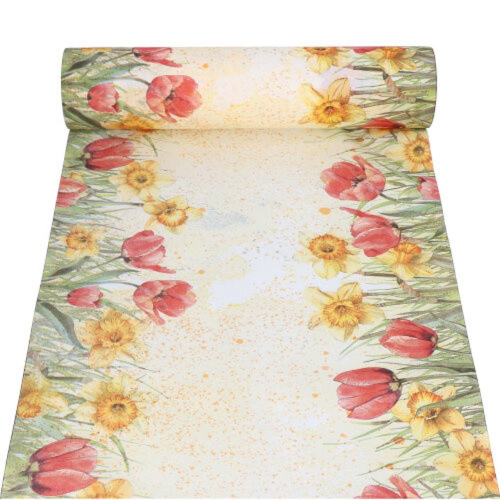 Covor de masa biodegradabil Papstar, 40 cm x 24 m, imprimeu lalele, culoare florala, hartie airlaid 65 g/m², flexibil, moale, absorbant, pentru decorarea mesei