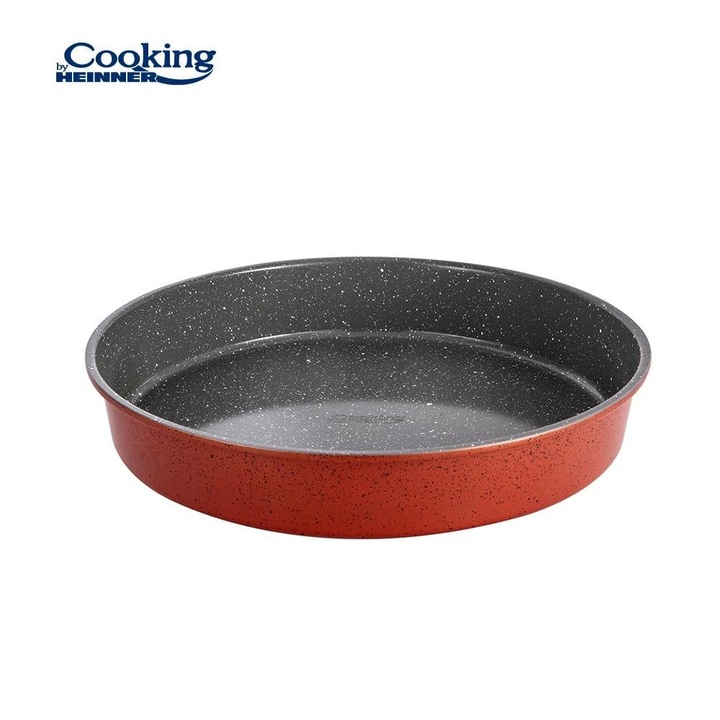 Tava rotundă de copt, Heinner A407, ceramica marmorata, otel carbon, 40x7cm, rosu