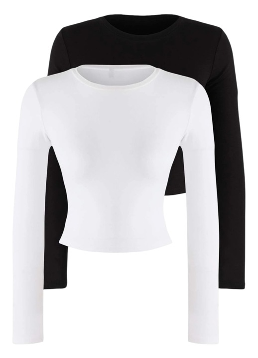 Bluze dama, set 2 bucati, cu maneca lunga, confortabile, alb, negru, S