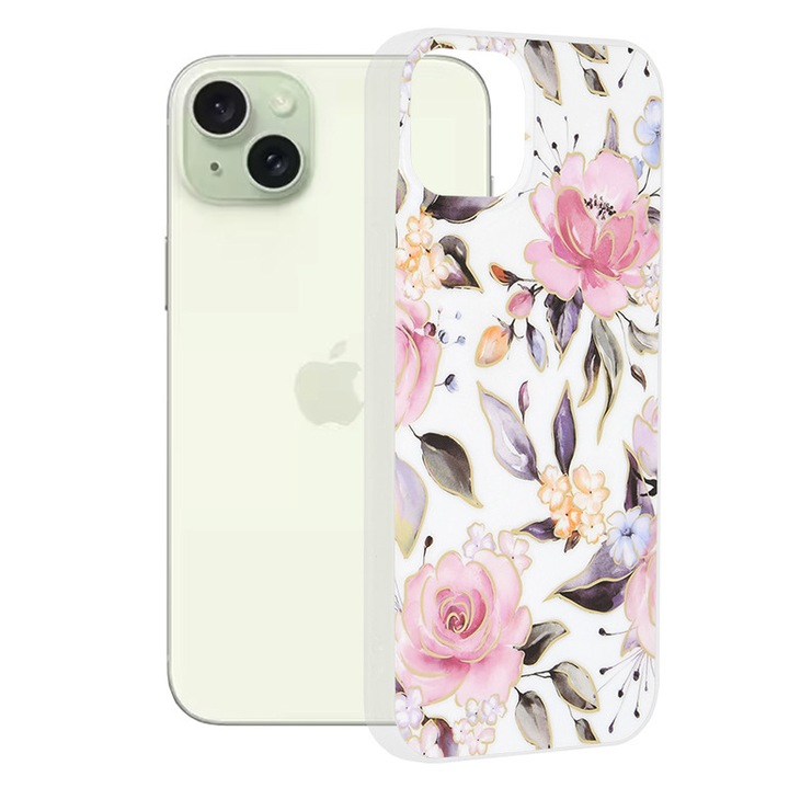 Carcasa telefon Techsuit Marble Series Alb, TPU, pentru iPhone 15 Plus