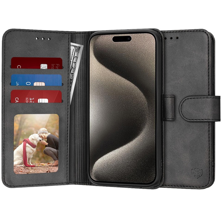 Калъф съвместим с iPhone 15 Pro Max, B5, Еко кожа, Катранено черен