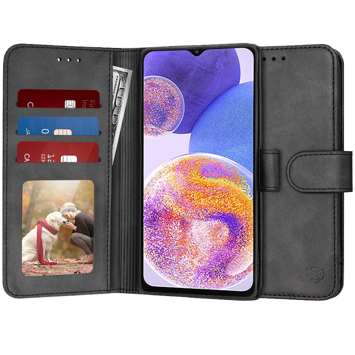 Husa tip carte pentru Samsung Galaxy A23 4G / A23 5G, functie stand, buzunare carduri, Accesorio Diary Book, Negru