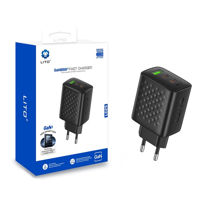 Incarcator pentru Priza, 1x USB, 2x USB-C, 65W - Lito (LC25) - Black