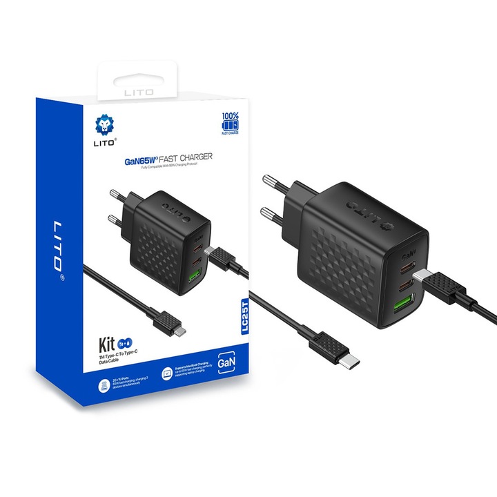 Incarcator pentru Priza, 1x USB, 2x USB-C, 65W, Cablu USB-C Inclus - Lito (LC25T) - Black