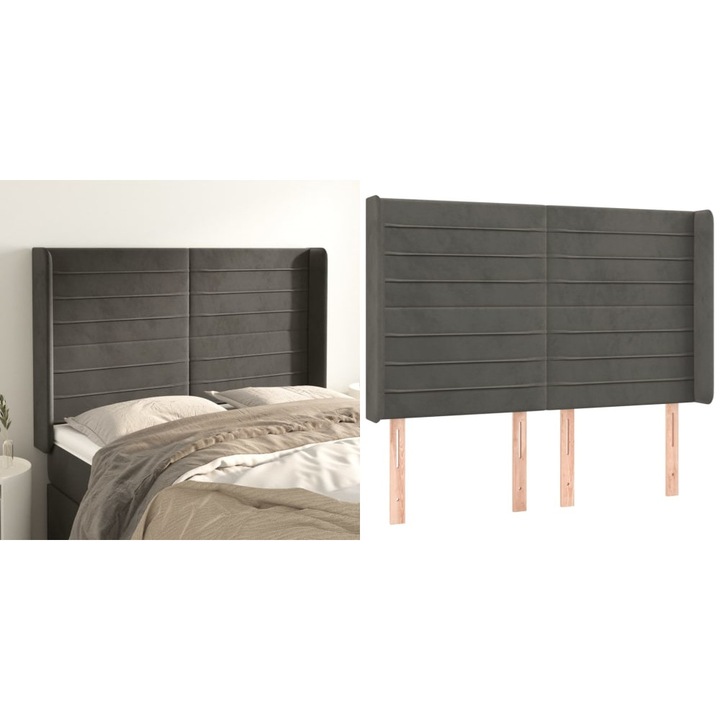 Tablie de pat cu aripioare gri inchis 147x16x118/128 cm catifea