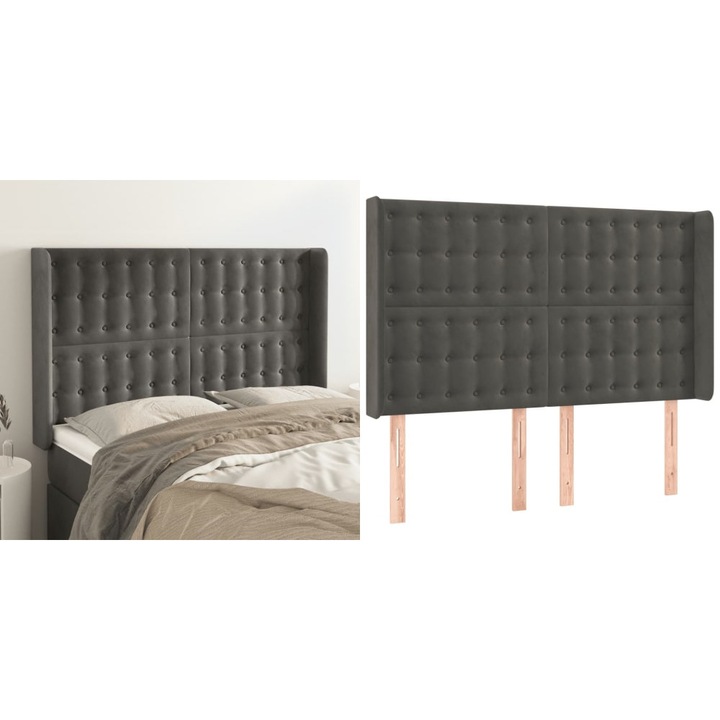 Tablie de pat cu aripioare gri inchis 147x16x118/128 cm catifea