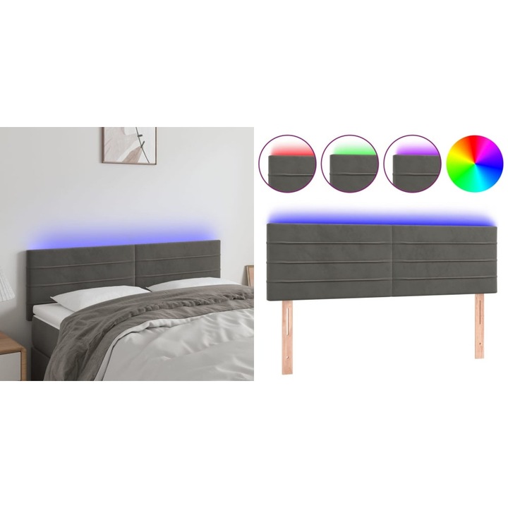 Tablie de pat cu LED, gri inchis, 144x5x78/88 cm, catifea