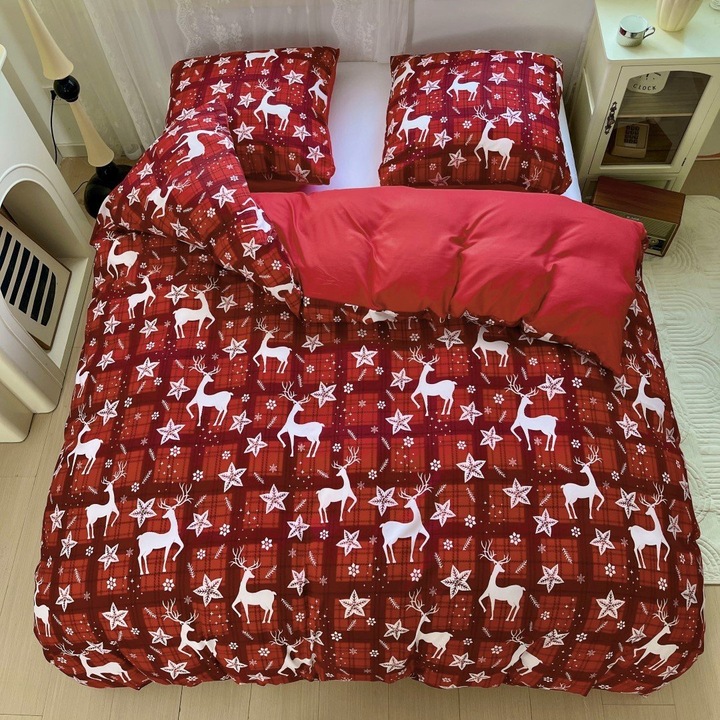 Karácsonyi ágyneműhuzat garnitúra 140x200 pamutszatén kétoldalas GierekHoff vastag 2 darabos GH 3091 piros kockás rénszarvassal