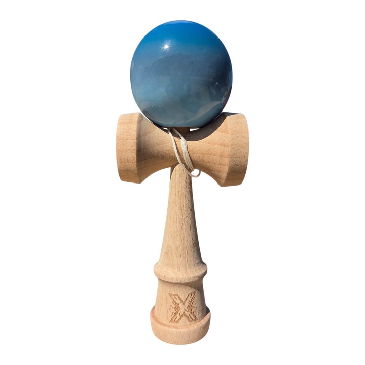 Kendama Profesionala LEIBOO, Lemn, Aderenta SUPER STICK, Albastru-Gri-Bleu, 18cm