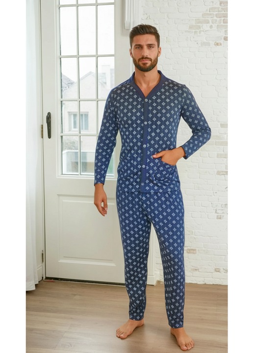 Hosszú pamut férfi pizsama, nagyméretű, gombos záródással 16200 11190, Tengerészkék