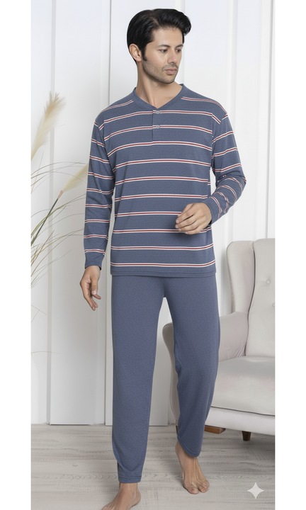 Hosszú pamut férfi pizsama, nagyméretű csíkos, szürke/kék 16184 11265, Szürke
