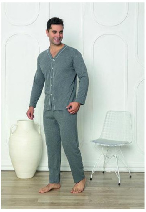 Hosszú pamut férfi pizsama, szürke gombokkal 1325 11316, Szürke