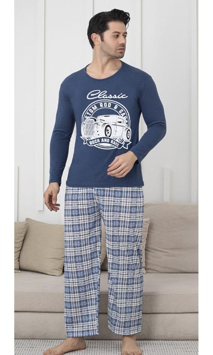Férfi hosszú pamut pizsama, sötétkék 15693 11230, Tengerészkék