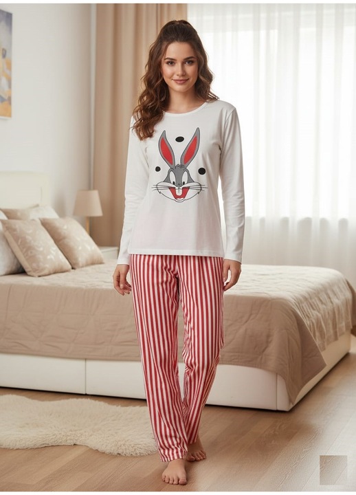 Kényelmes női pamut pizsama, szett blúzzal és hosszú nadrággal, fehér/piros 3734 11385, Fehér