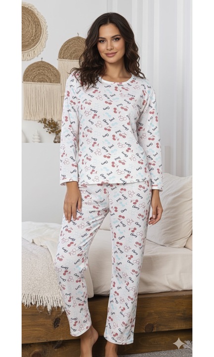 Kényelmes női pamut pizsama szett, hosszú felsővel és nadrággal, fehér16235 11403, Fehér