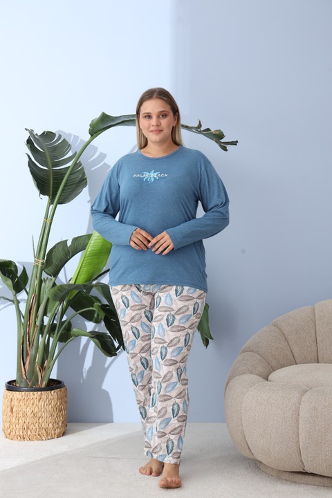 Pijama bumbac de Dama Confortabila, Set cu Bluza si Pantaloni lungi, batal, albastru 60155 11341, Albastru