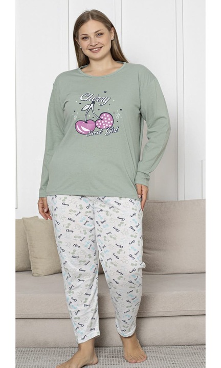 Női kényelmes pamut pizsama, szett blúzzal és hosszú nadrággal, poplin, zöld 16255 11419, Szürke