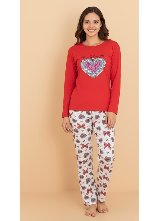 Pijama bumbac de Dama Confortabila, Set cu Bluza si Pantaloni lungi, rosu 16256 11454, Rosu