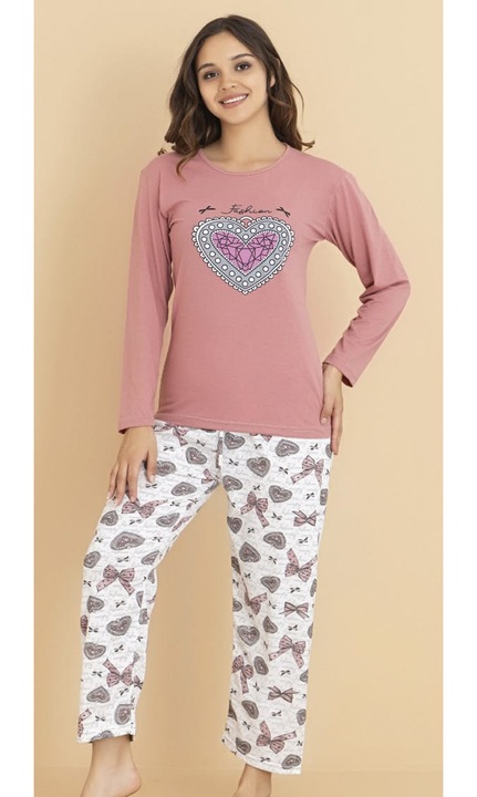 Női kényelmes pamut pizsama szett, felsővel és hosszú nadrággal, rózsaszín 16256 11459, Rózsaszín