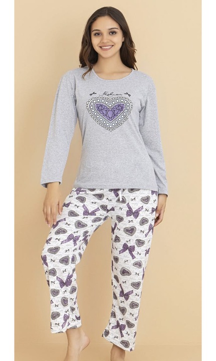 Női kényelmes pamut pizsama, Szett blúzzal és hosszú nadrággal, szürke 16256 11464, Szürke