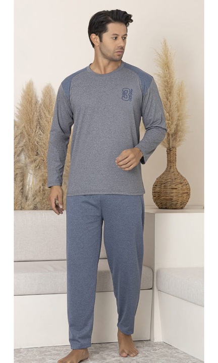 Hosszú pamut férfi pizsama szürke/kék 16203 11479, Szürke