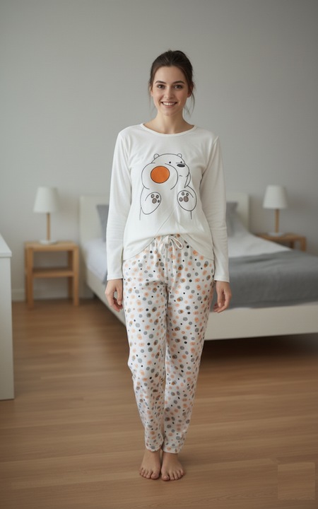 Kényelmes női pamut pizsama, Hosszú ujjú felső és nadrág szett, fehér 15916 11529, Fehér