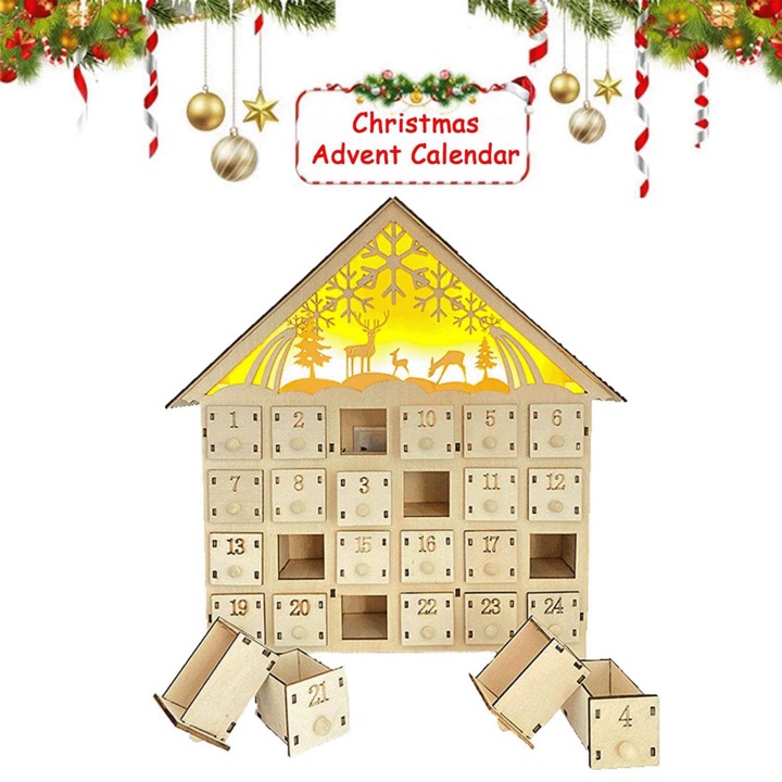 Decoratiune de Craciun din lemn, calendar de numarare inversa 24 zile, coroana, lumini LED, set