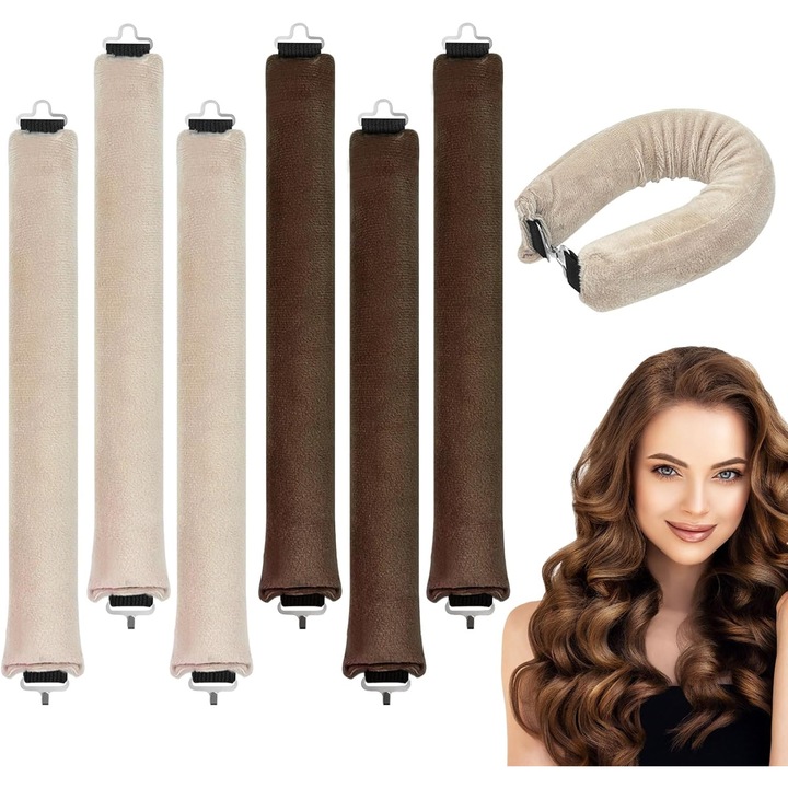 Set de 6 bigudiuri mari, 29cm, maro inchis si maro deschis, accesorii pentru par, fara caldura, pentru bucle perfecte peste noapte
