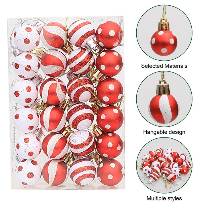Set 24 Globuri de Craciun, 3cm, rosii si albe, din PP