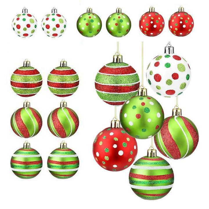 Set de 12 globuri de Craciun, 6cm, plastic, verde, alb, rosu