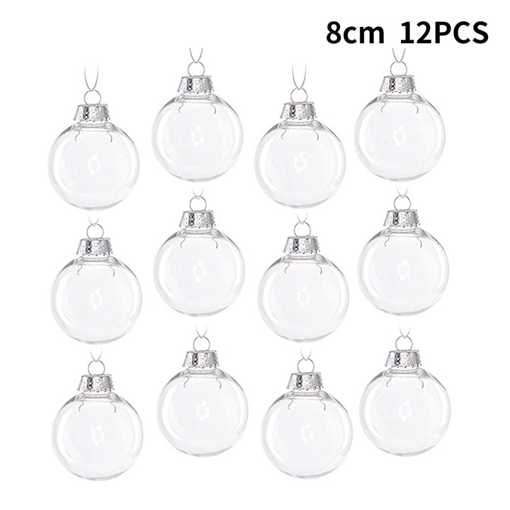 Set de 12 globuri transparente din plastic pentru Craciun, 8cm, cu capac argintiu