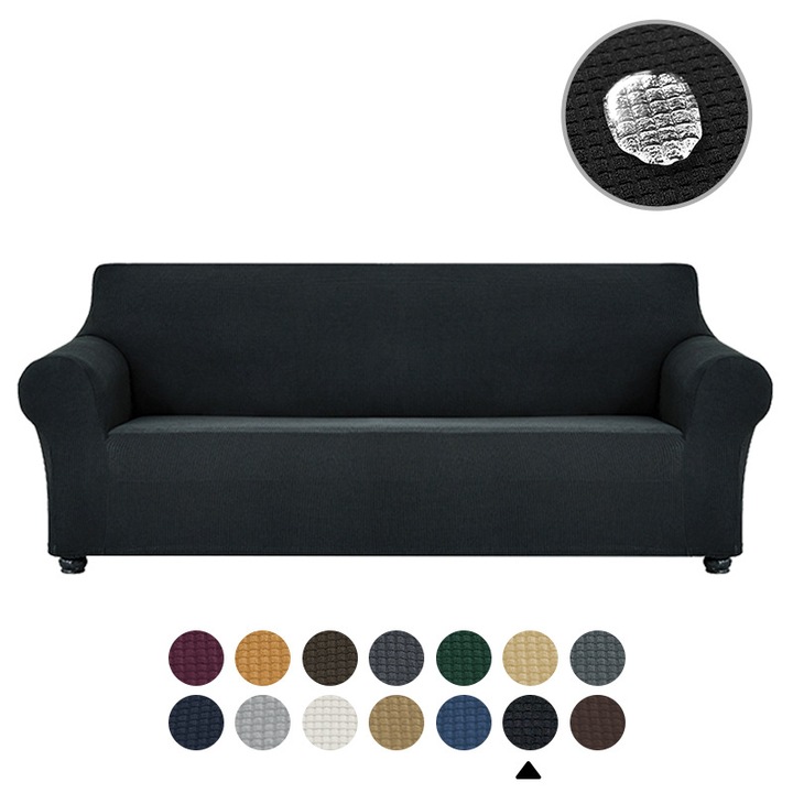 Husa elastica pentru canapea cu 3 perne, protectie mobilier, model jacquard cu carouri mici, neagra, 78x94 inch, set.