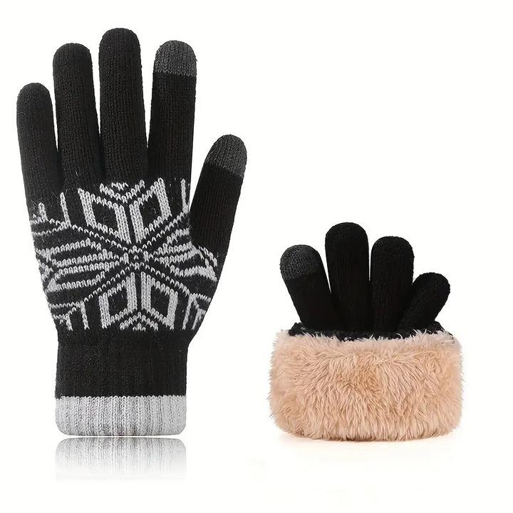 Manusi tricotate cu strat dublu pentru barbati, pentru toamna si iarna, calduroase si rezistente la frig, cu jacard, pentru ecran tactil, captusite cu fleece si ingrosate (Negru)