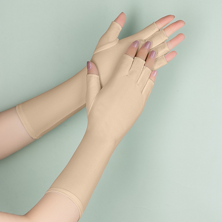 Manusi de protectie solara pentru vara, protectie UV, design cu degete scurte, nuanta naturala, set de 2 bucati