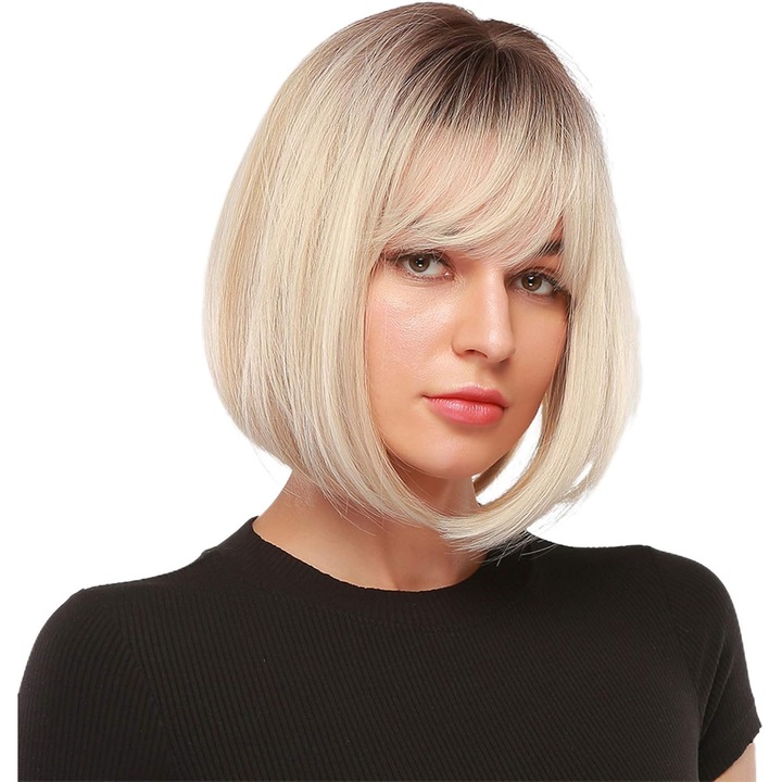 Peruca blonda cu breton scurt, fibra Kanekalon, set cu capac de peruca