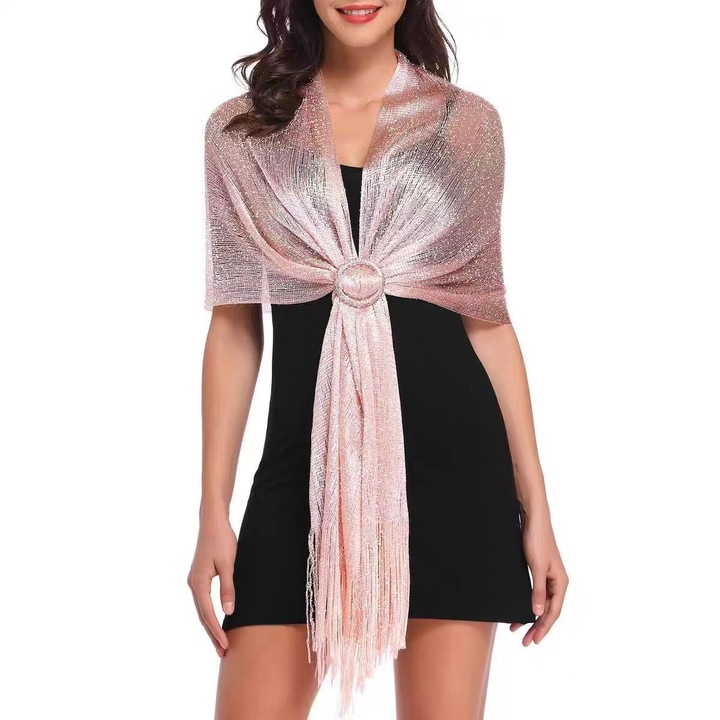 Esarfa cu ciucuri, roz, fir auriu si argintiu, poliester satin, design elegant