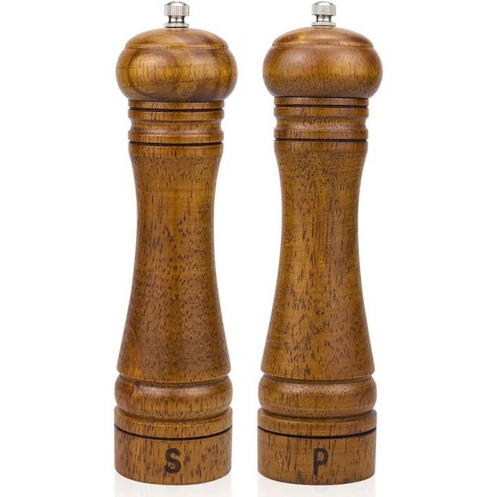 Set de rasnite din lemn pentru sare si piper, 2 piese, capacitate mare, mecanism de macinare ajustabil, 8 inch