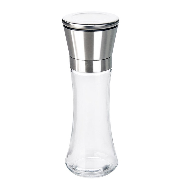 Rasnita de condimente, sticla rezistenta, capac din otel inoxidabil, 19x6.3cm, argintie, set 1 bucata