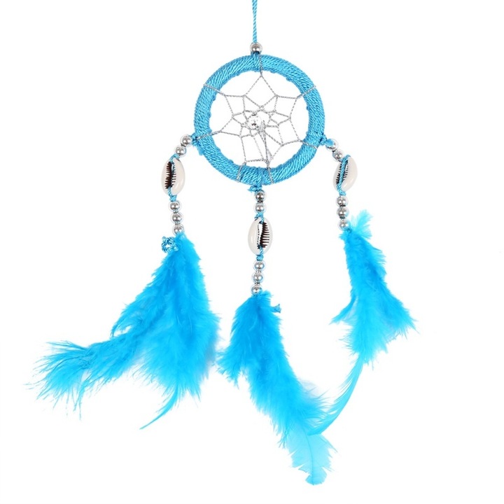Dreamcatcher albastru deschis, 6cm diametru, 16cm lungime, cu pene si scoici