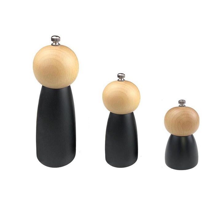 Set 3 rasnite condimente, negru, lemn si plastic