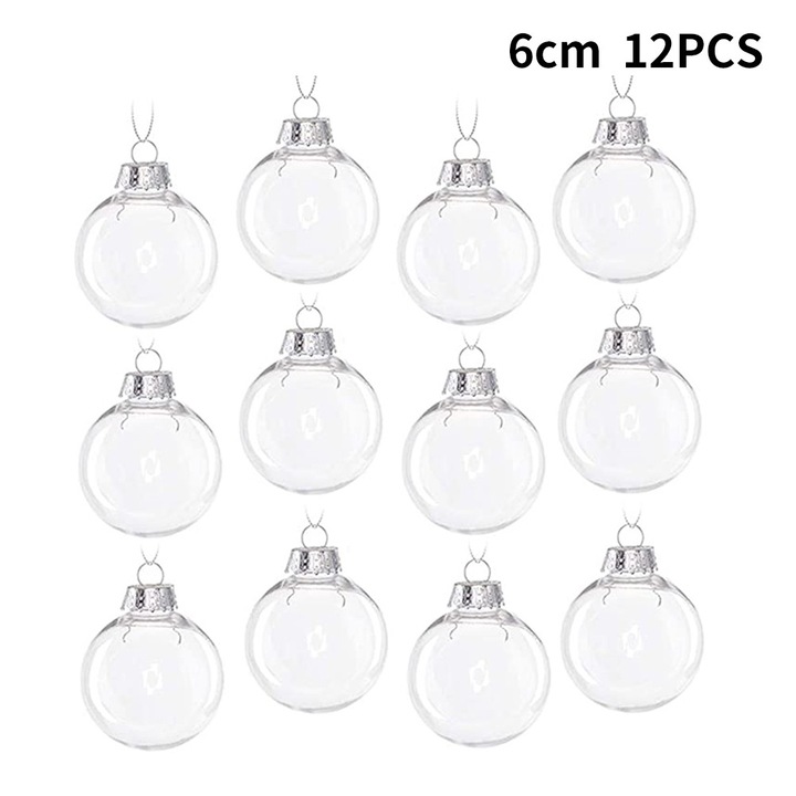 Set de 12 globuri de Craciun transparente din plastic, 6cm, cu capac argintiu
