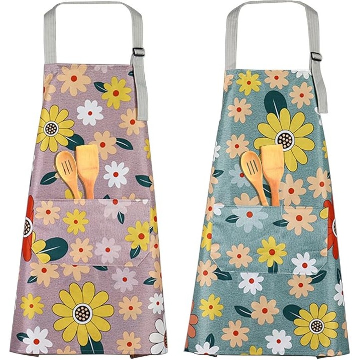 Set 2 sorturi de bucatarie pentru femei, impermeabile, rezistente la ulei, respirabile, cu model floral, ajustabile.