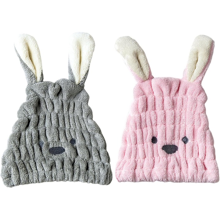 Set 2 prosoape de uscare par, design urechi de iepure, microfibra, super absorbante, roz si albastru