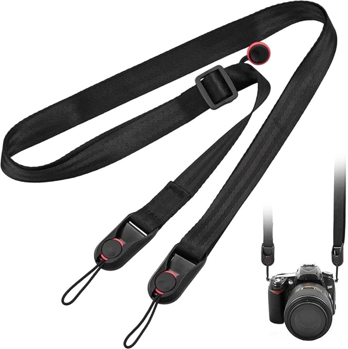 Curea pentru camera, set curea de umar si curea de mana, lungime ajustabila 48x152cm, neagra