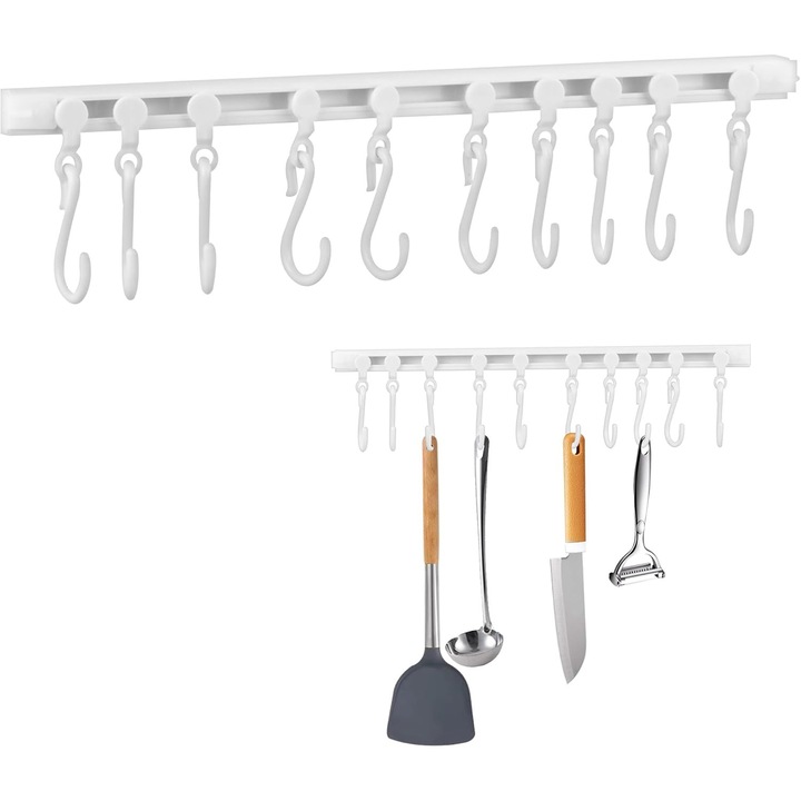 Suport pentru ustensile de bucatarie, 10 carlige, fara gaurire, 30x1.8cm, plastic