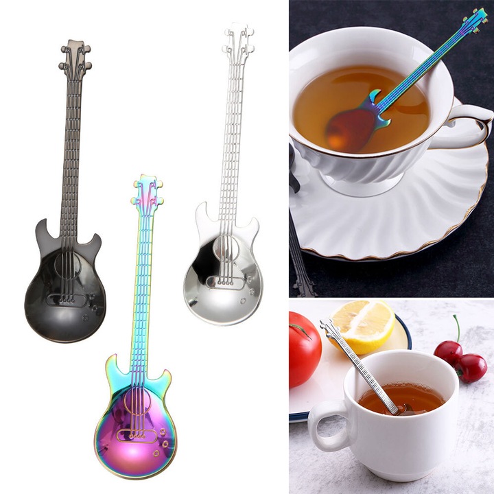 Lingura de cafea in forma de chitar, inox 304, multicolor, 12cm x 3.2cm