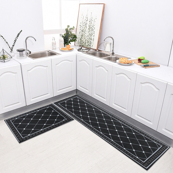 Set covoare de bucatarie, 40x120cm si 40x60cm, negru si alb, rezistente la apa, usor de curatat