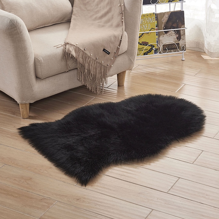 Covor din blana artificiala, 40x60cm, negru, material poliester, antiderapant, usor de curatat